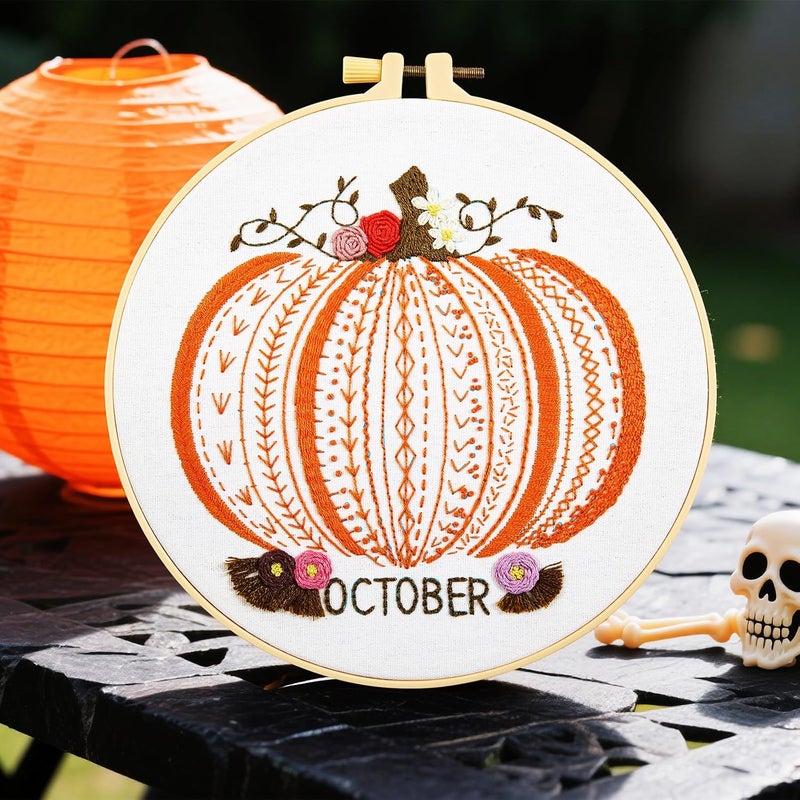 Crafmanoe Easy Beginners Embroidery Stitches Practice Kits for Adults, Fall Pumpkin Embroidery Starters Kits for Beginners to Learn 26 Stitches, Autumn Hand Embroidery Set Craft for Women & Video Tutorial - Image 5